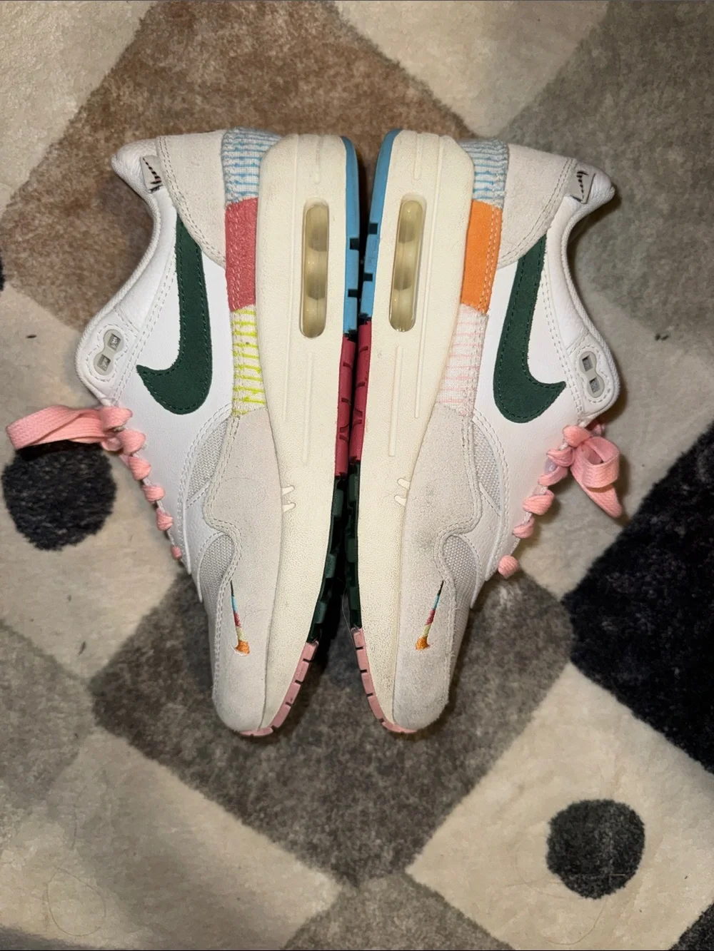 Nike Patchwork White Sneakers with Green Swoosh and Pink Laces